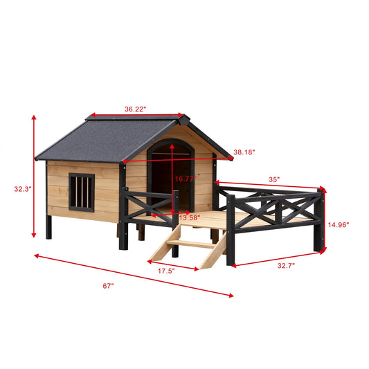 66" Outdoor Dog House, Large Wooden Dog Kennel with Porch, Cabin House Style Pet Houses for Cats, Brown