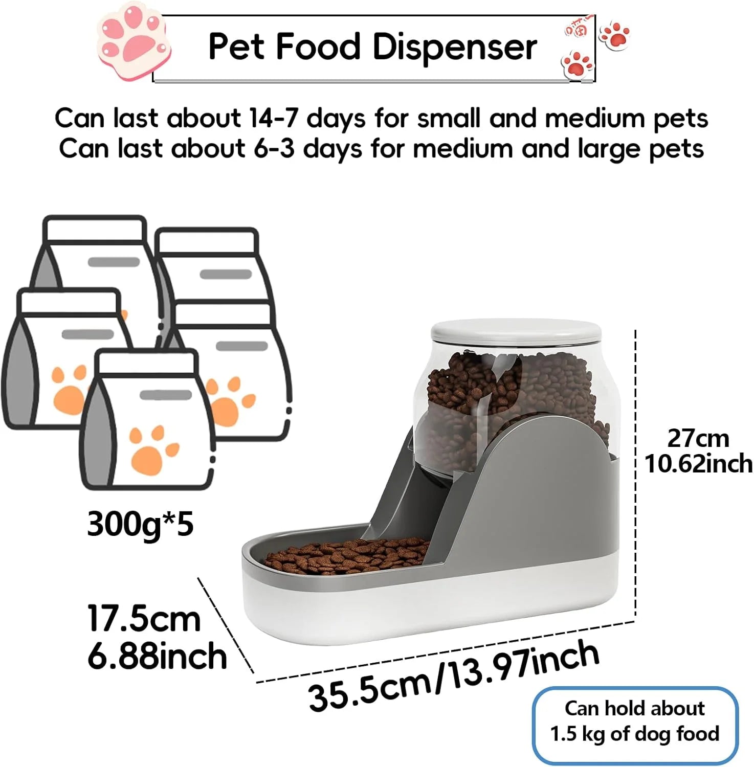 Automatic Dog Food Feeder Gravity Cat Food Dispenser Large Capacity Pet Self Feeding Station Bowl Dish for Small and Medium Dogs Cats，1 Gallon，Grey