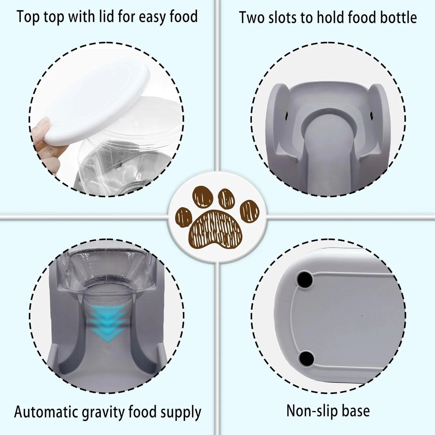 Automatic Dog Food Feeder Gravity Cat Food Dispenser Large Capacity Pet Self Feeding Station Bowl Dish for Small and Medium Dogs Cats，1 Gallon，Grey