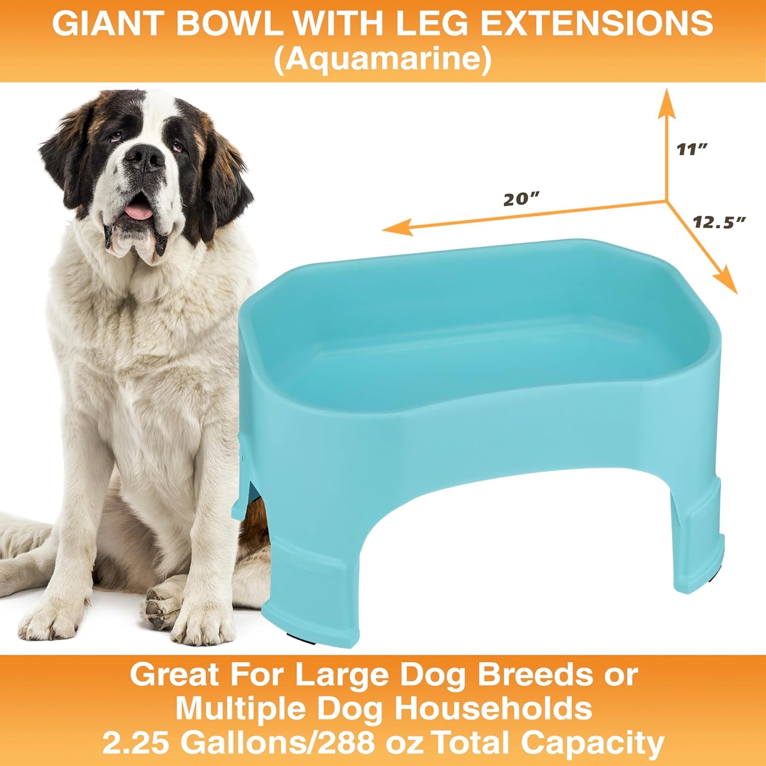 Extra Large Water Bowl for Dogs, Raised Outdoor Dog Water Bowl (2.25 Gallon XL Capacity), Big Trough Style Food Dish for Indoors or Outside, No Spill Large Dog Bowls, Aquamarine