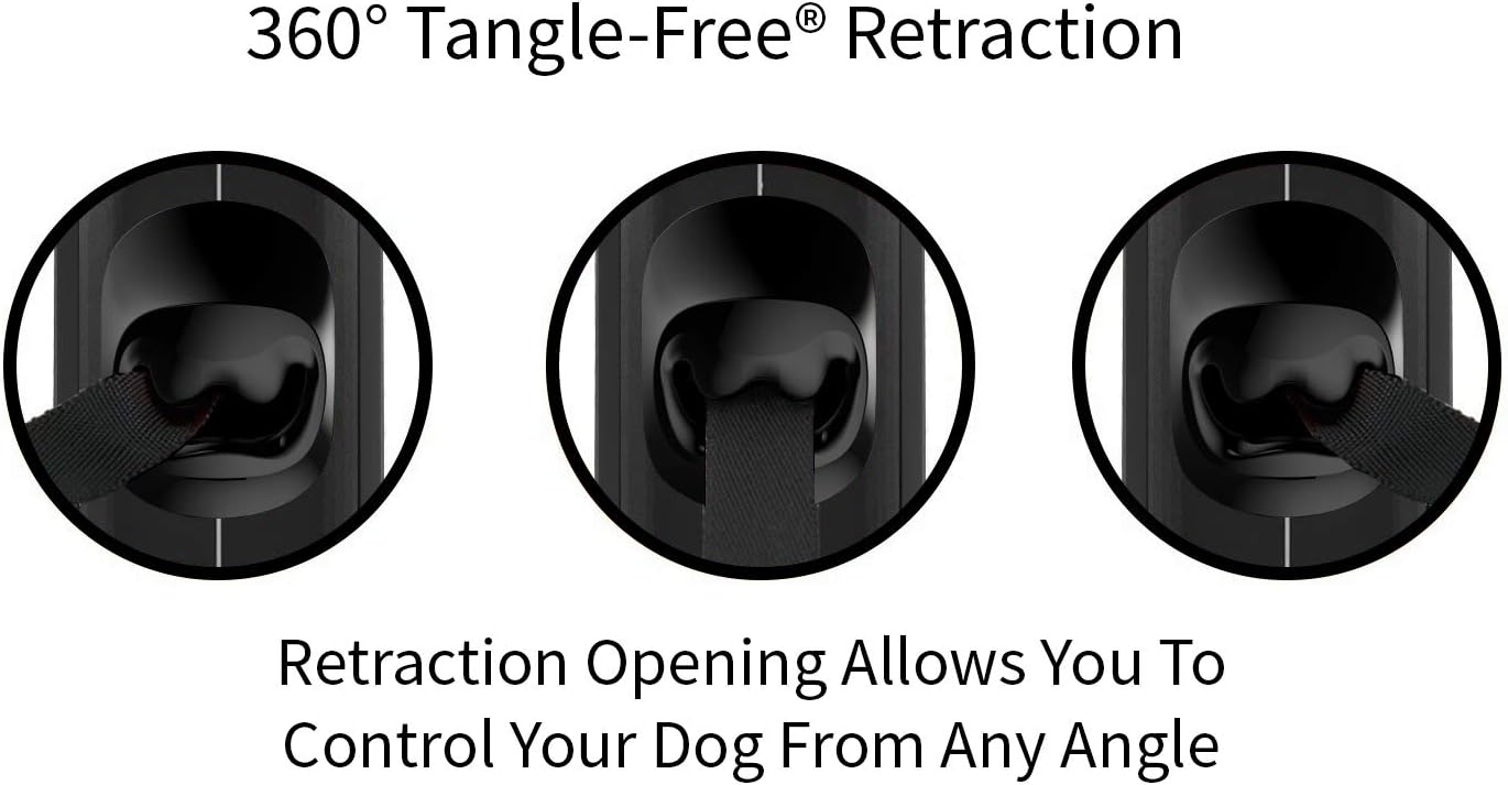 360° Tangle-Free Retractable Dog Leash with Anti-Slip Handle | 16 Ft Strong Nylon Tape | One-Handed Brake, Pause, Lock (Small, Black/Grey)