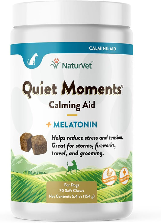 Quiet Moments Calming Dog Supplement, Dog Soft Chews with Melatonin to Help Reduce Stress from Storms, the Vet, Fireworks, and Travel, Bacon and Chicken Flavored Pet Supplement, 70 Count Jar