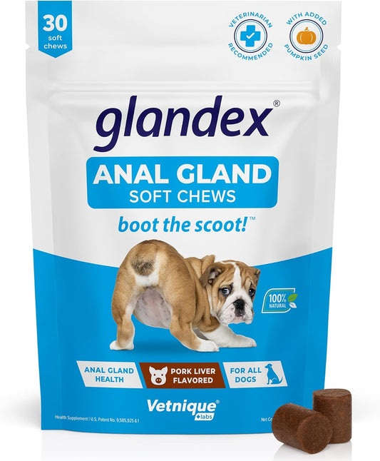 Labs Glandex Anal Gland Soft Chew Treats with Pumpkin for Dogs Digestive Enzymes, Probiotics Fiber Supplement for Dogs Boot the Scoot (Bacon/Pork Chews, 30 Count)