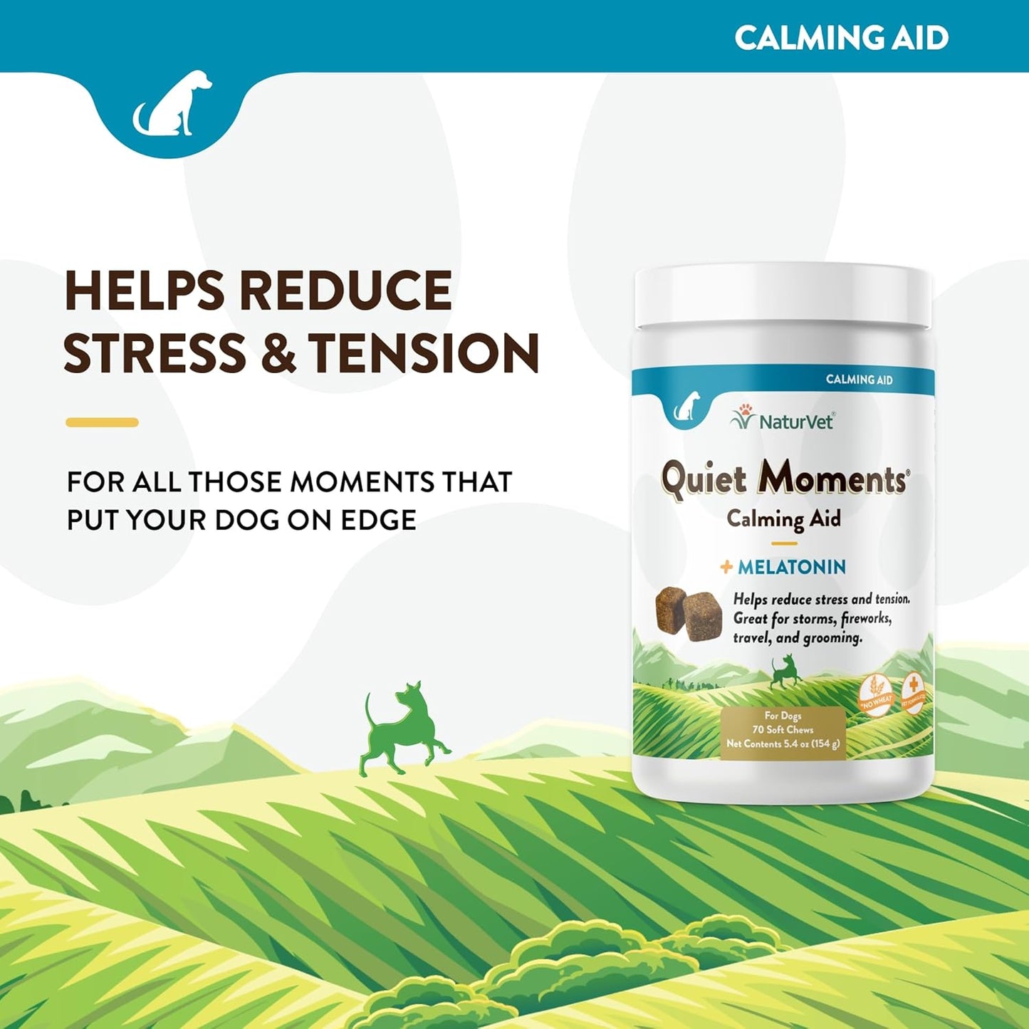Quiet Moments Calming Dog Supplement, Dog Soft Chews with Melatonin to Help Reduce Stress from Storms, the Vet, Fireworks, and Travel, Bacon and Chicken Flavored Pet Supplement, 70 Count Jar