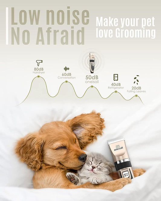 Dog Clipper Low Noise, Dog Grooming Kit with Rechargeable, Dog Shaver Cordless Electric Quiet Hair Clipper Set for Dog Cats Pets（Gold）