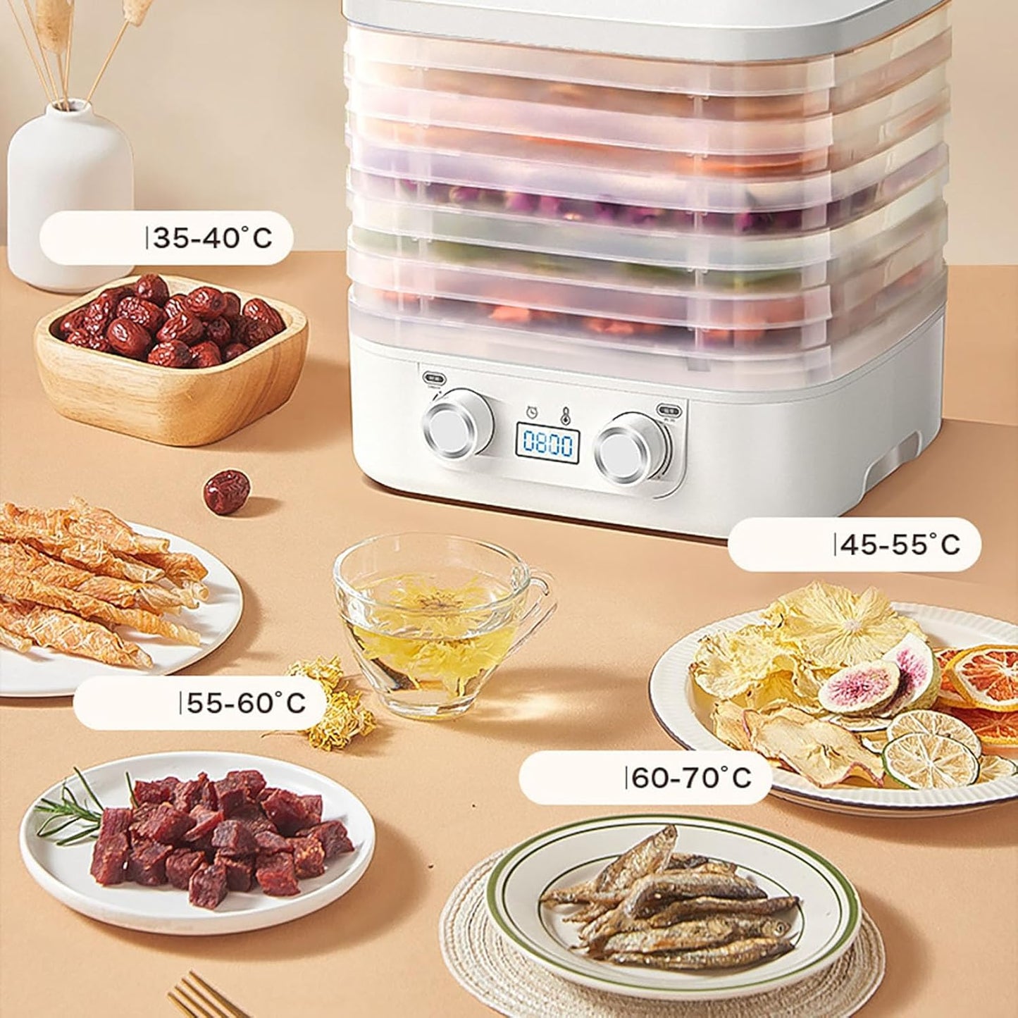 Food Dryer Machine for Home, 2025 New Digital Dryer,Food Dehydrator and Dried Machines with 5 Trays, Digital Adjustable Timer (White)
