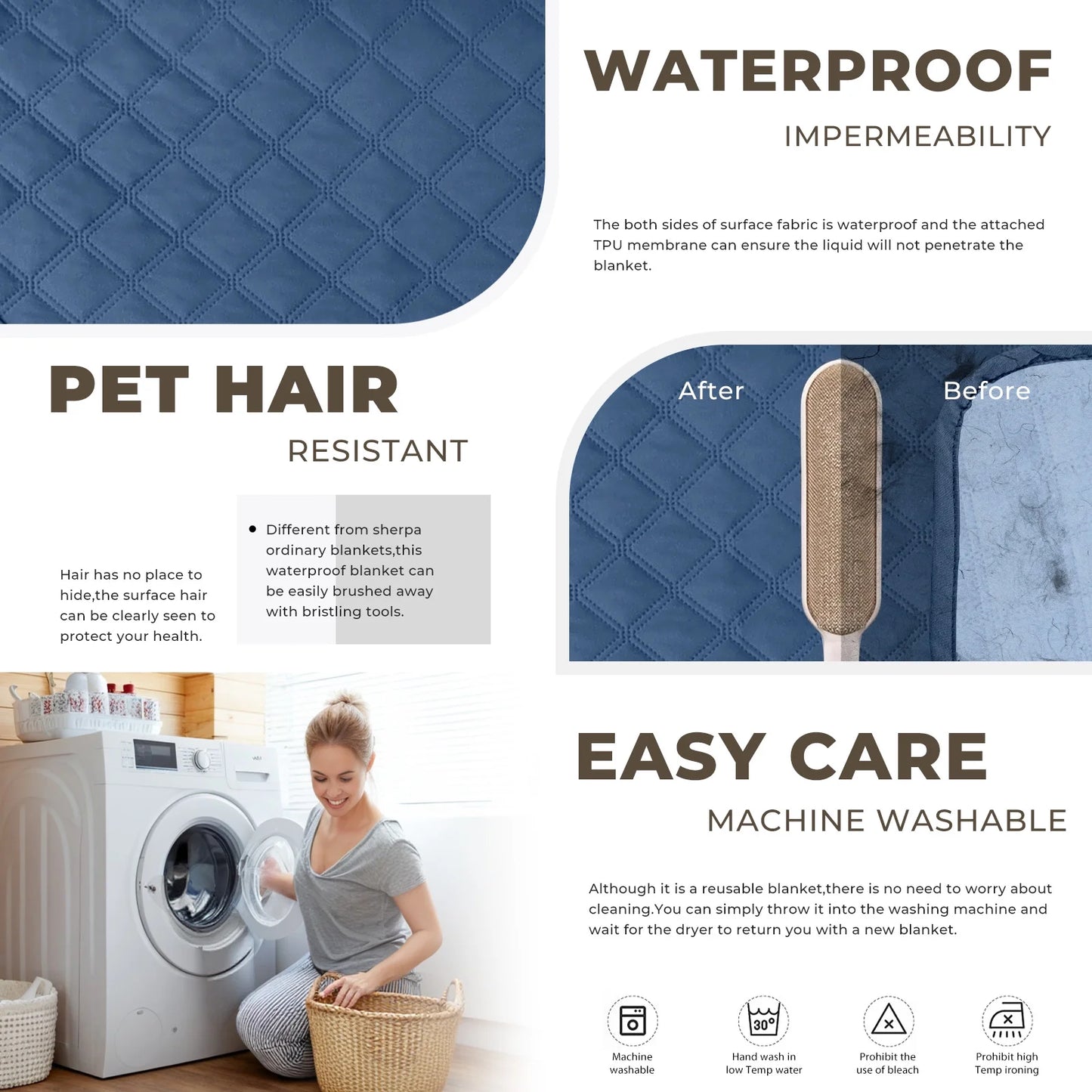 100% Double-Sided Waterproof Dog Bed Cover Pet Blanket Sofa Couch Furniture Protector for Kids Children Dog Cat, 52''X82'' Blue
