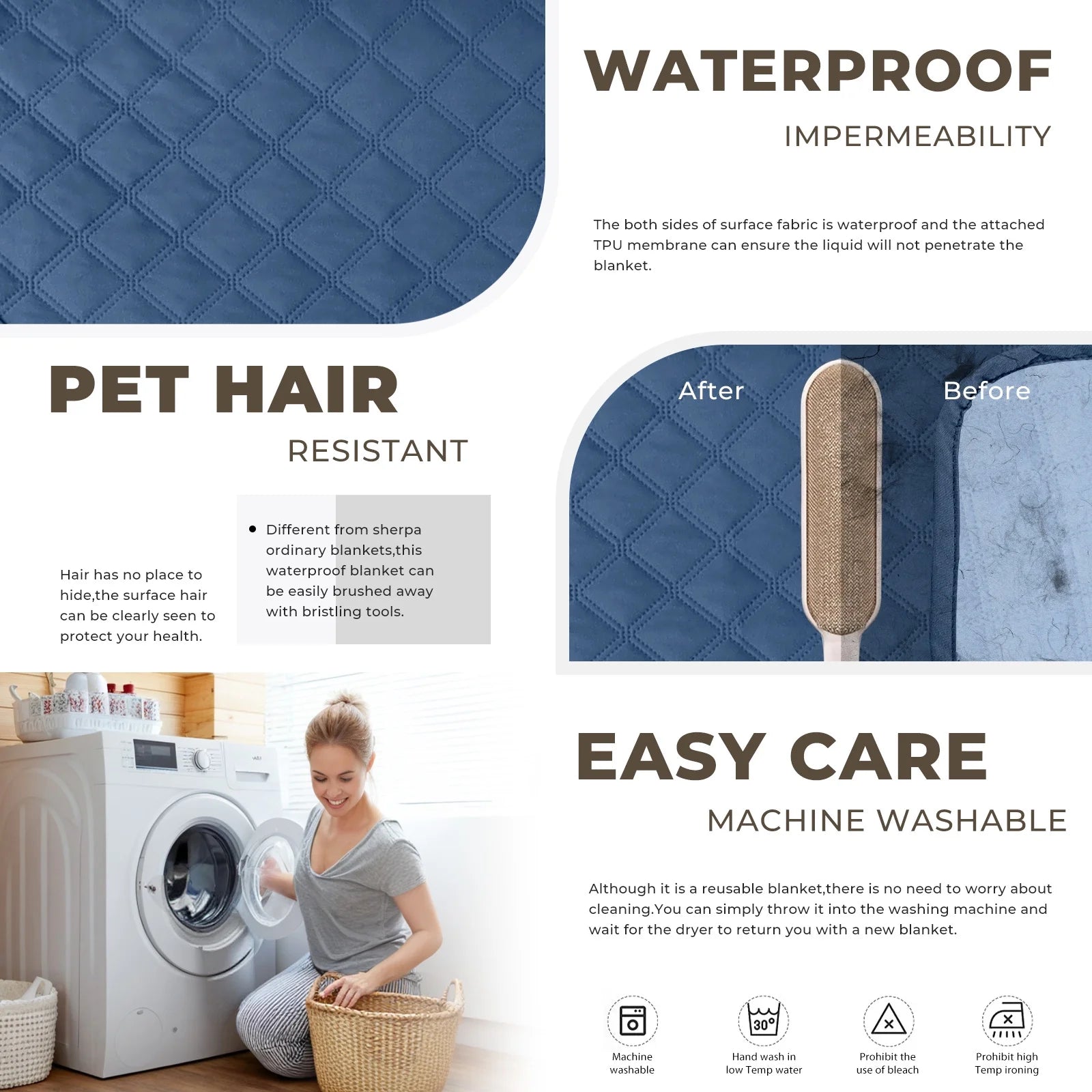100% Double-Sided Waterproof Dog Bed Cover Pet Blanket Sofa Couch Furniture Protector for Kids Children Dog Cat, 52''X82'' Blue