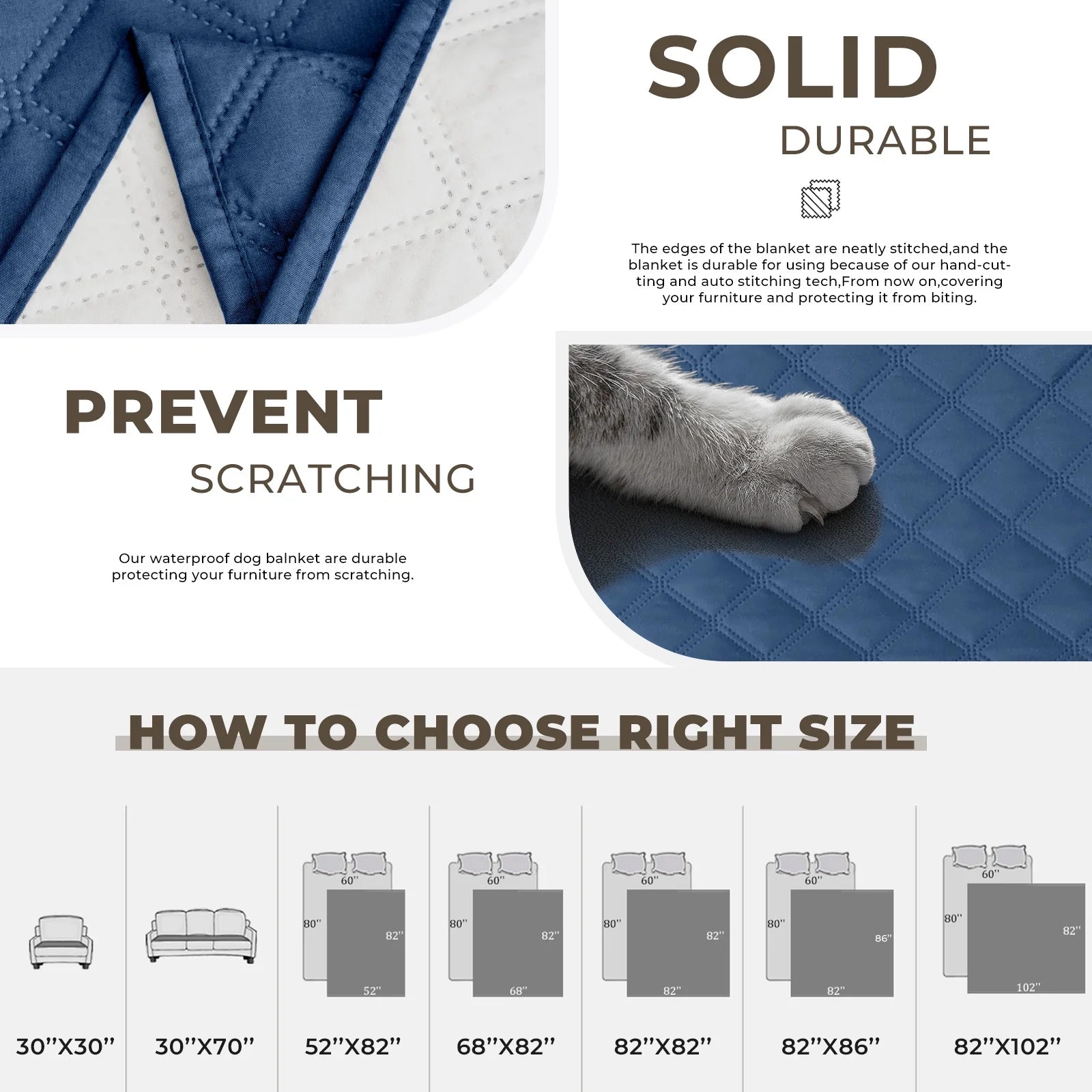 100% Double-Sided Waterproof Dog Bed Cover Pet Blanket Sofa Couch Furniture Protector for Kids Children Dog Cat, 52''X82'' Blue