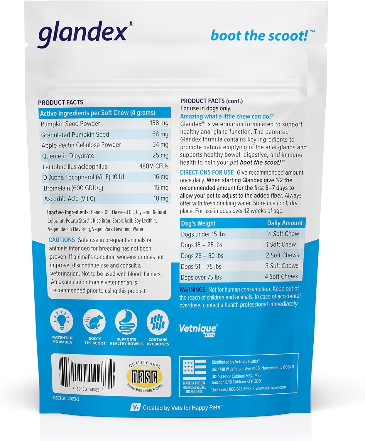 Labs Glandex Anal Gland Soft Chew Treats with Pumpkin for Dogs Digestive Enzymes, Probiotics Fiber Supplement for Dogs Boot the Scoot (Bacon/Pork Chews, 30 Count)