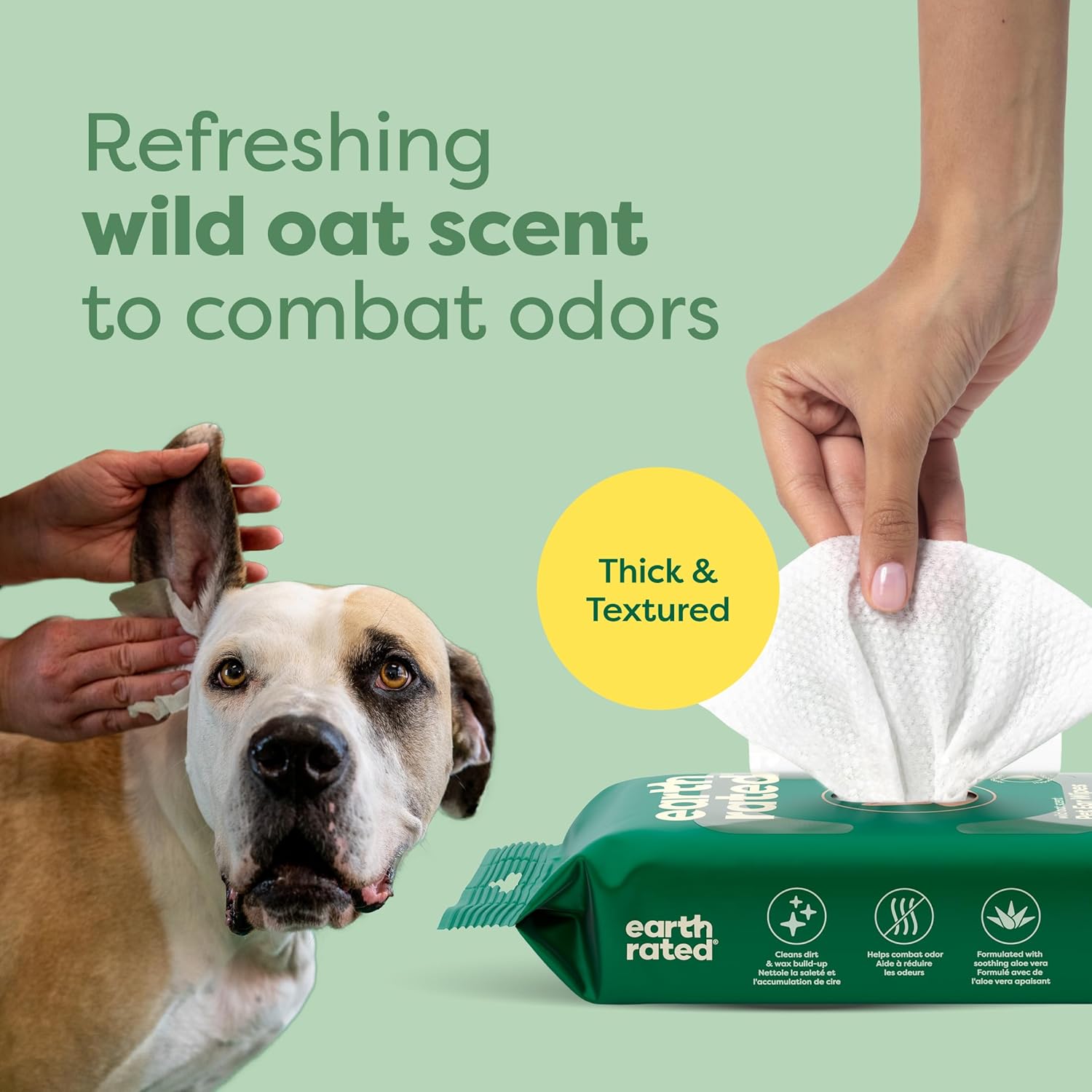 Vet-Developed Pet Ear Wipes, Hypoallergenic Cleaner for Dogs & Cats Ears to Remove Dirt and Wax Build Up, Wild Oat Scent, 70 Count