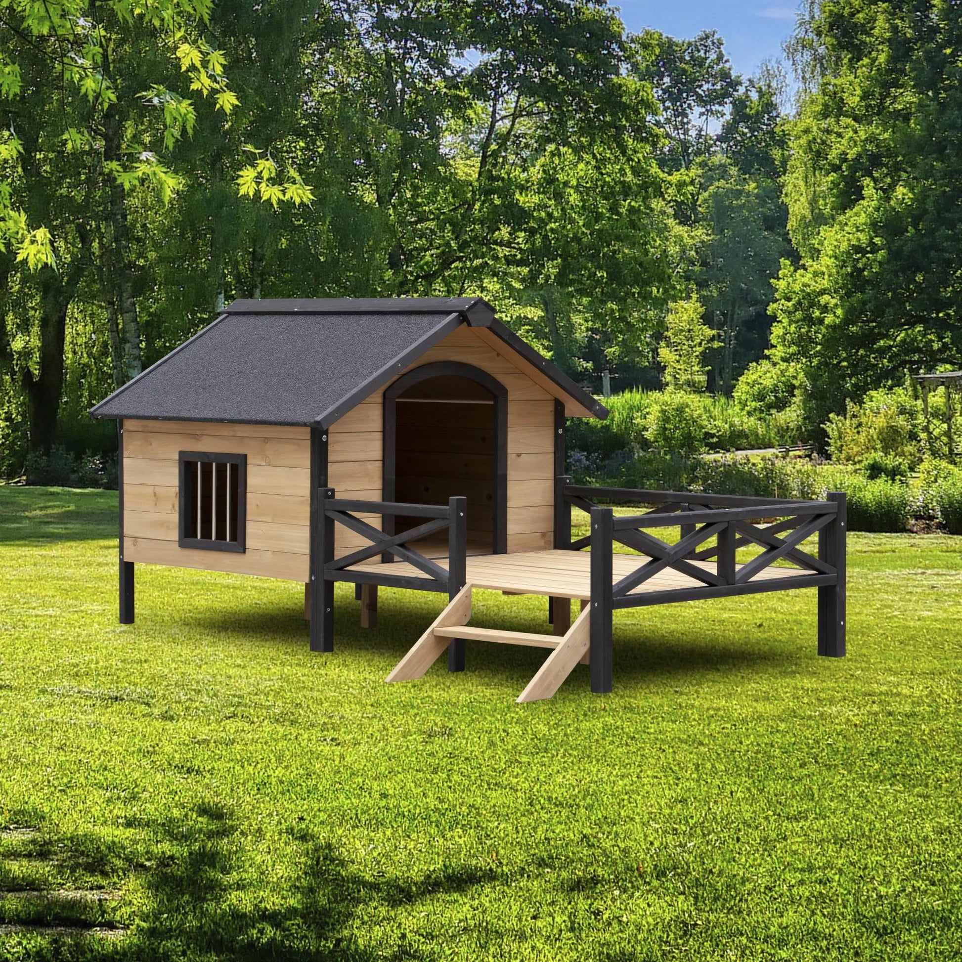 66" Outdoor Dog House, Large Wooden Dog Kennel with Porch, Cabin House Style Pet Houses for Cats, Brown