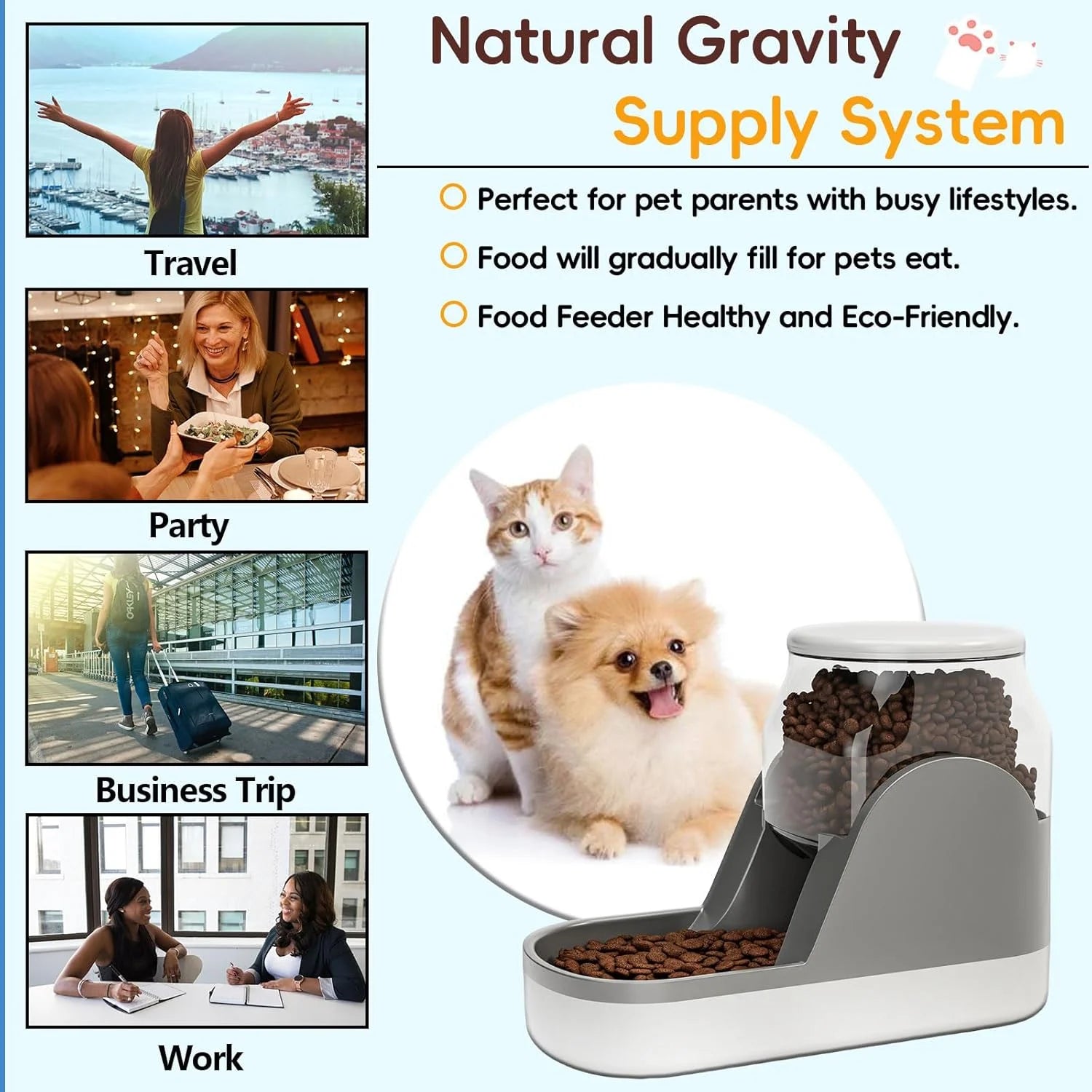 Automatic Dog Food Feeder Gravity Cat Food Dispenser Large Capacity Pet Self Feeding Station Bowl Dish for Small and Medium Dogs Cats，1 Gallon，Grey